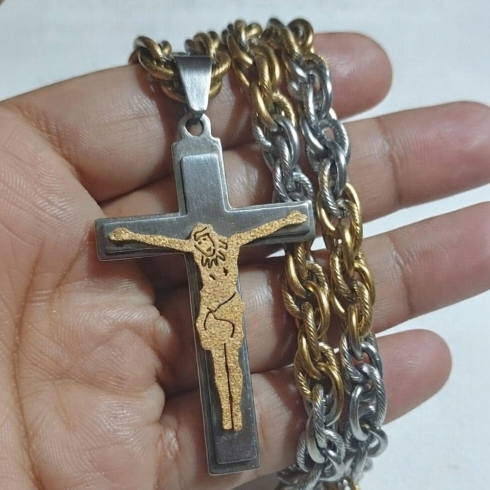 Men's 2-Tone Gold & Silver Crucifix Cross Necklace Stainless Steel Chain 22"